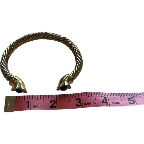 Vintage Gold & Silver Tone Twisted Cuff Bracelet With Blue Stone Flower Ends - Picture 5 of 6